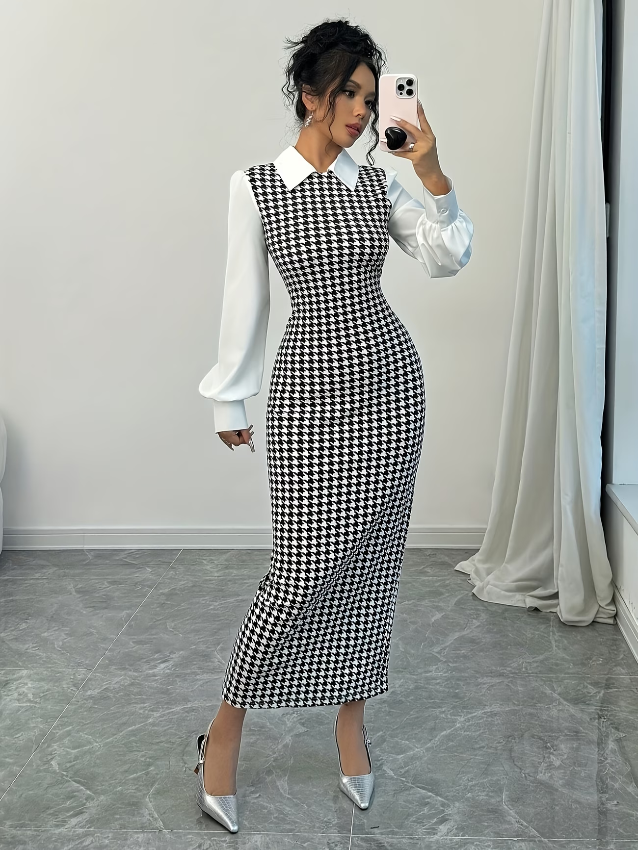 Ladies' Elegant Houndstooth Slim-Fit Lantern